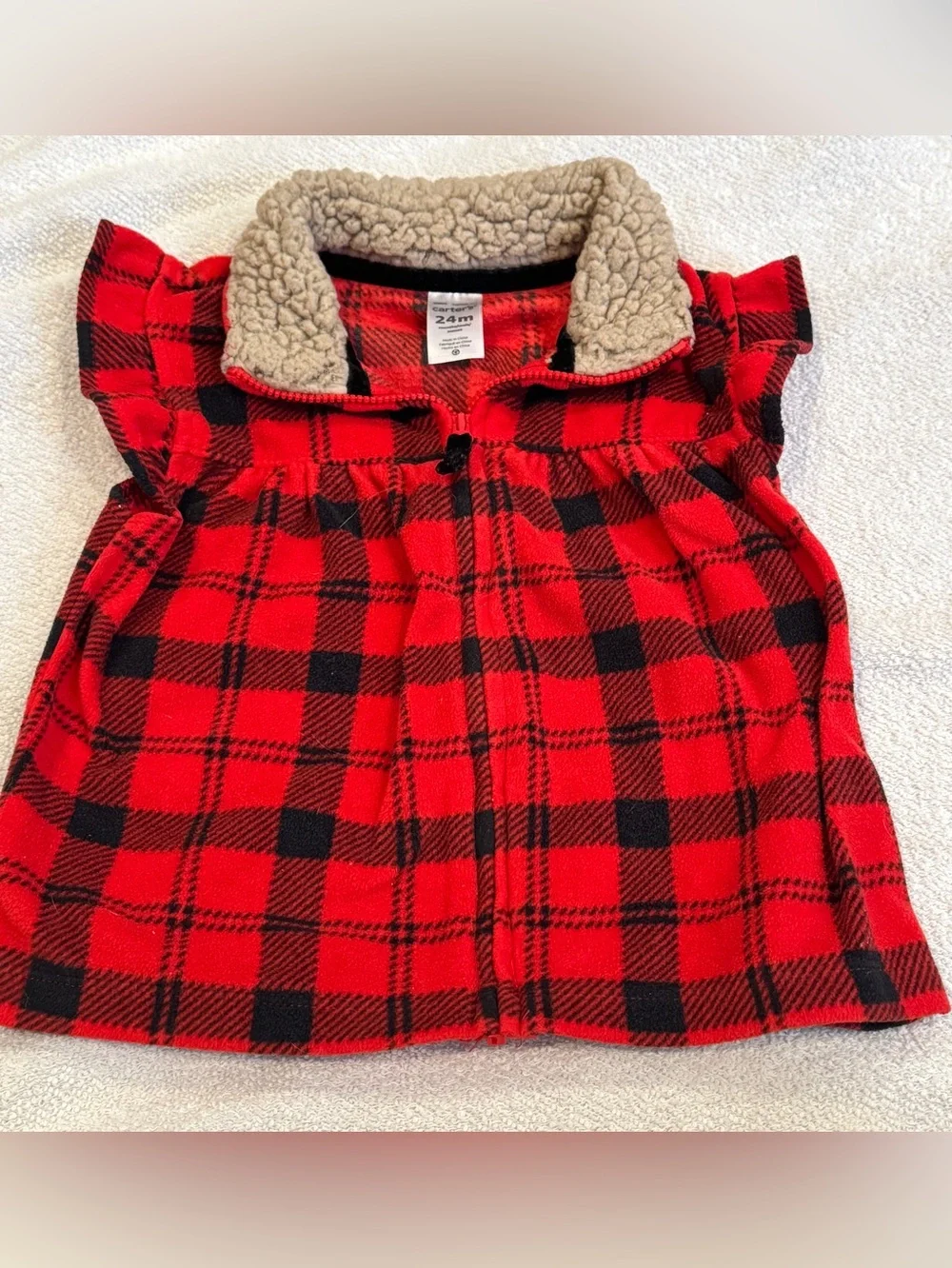 Carter's Toddler Girl Red Plaid Ruffle Fleece Top Sherpa Lined Fuzzy Collar 24mo